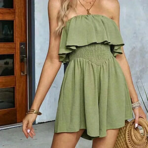 Green Boho Womens Ruffle Trim Tube Romper